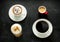 Cappuccino, espresso, americano and latte coffee on black