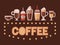 Cappuccino, espresso and mocha takeaway drinks retro banner. Hot beverages with caffeine vector illustration.