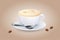Cappuccino with a heart on milk foam. Popular coffee drink in white cup with saucer and spoon. Vector illustration.