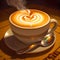 Cappuccino hot cup of creamy coffee with love heart coffee art on top of foam