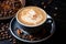 a cappuccino with a leaf design in the center of the cup on a black table with coffee beans and almonds