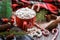 Cappuccino with marshmallow in red mugs and fir-tree branches, striped stick candys, fir cones on wooden table.