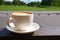 Cappuccino in white cup on sunlight at cafe. Copyspace. Bewerages, coffee lovers and morning menu concept. Nature