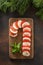 Caprese candy cane board is holiday appetizer. View from above.