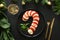 Caprese candy cane salad is holiday appetizer on black. View from above.