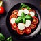 Caprese salad on a black plate. Tomatoes, mozzarella cheese and basil. Top view