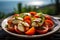 a Caprese salad, with a blurred backdrop of the beautiful Amalfi Coast.