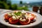 a Caprese salad, with a blurred backdrop of the beautiful Amalfi Coast.