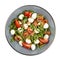 Caprese salad, cherry tomatoes, mozzarella, arugula and pesto sauce. Isolated image