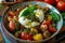 Caprese salad with fresh tomatoes, mozzarella, pesto, and basil