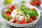 Caprese salad with fresh tomatoes, mozzarella, pesto, and basil