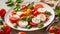 Caprese salad gourmet mediterranean background italian basil table mozzarella cheese vegetable tomato