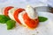 Caprese salad made with fresh soft white italian cheese mozzarella buffalo, green basil, red tomatoes and origano herb