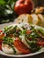 Caprese salad with tomatoes, basil, and mozzarella cheese, with bread and produce in background