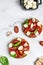 Caprese toasts with mozzarella, cherry tomatoes and fresh garden basil. Traditional italian appetizer or snack, antipasto.