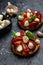 Caprese toasts with mozzarella, cherry tomatoes and fresh garden basil. Traditional italian appetizer or snack, antipasto.