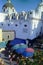 CAPRI, ITALY, 1965 - The domes and vaults of the church of Santo Stefano stand at the top of the stairs of the famous Piazzetta of