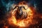 A Capricorn goat with long horns stands in front of a blazing ball of fire