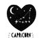 Capriorn Symbol. Hand Drawn Zodiac Vector Illustration. Infantile Graphic. Black Heart.