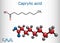 Caprylic acid, octanoic acid molecule. It is straight-chain saturated fatty and carboxylic acid. Salts are octanoates or