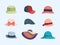 Caps and hats. Summer modern fashioned clothes accessories for head woman hats garish vector cartoon collection