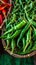 Capsicum bounty Freshly picked green chilies in close up view