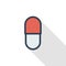 Capsul red pill thin line flat color icon. Linear vector symbol. Colorful long shadow design.