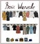 Capsule basic wardrobe for a woman. Minimalism. Fashion. Big cupboard. Wardrobe with a set of clothes on hangers and bags. Isolate