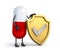 Capsule character holding golden shield with silver tick mark. 3d illustration.