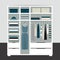 Capsule minimalistic open wardrobe. Wooden closet with tidy clothes, shirts, sweaters, boxes and shoes. Home interior. Flat design