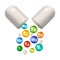 Capsule pill vector mineral supplement set. 3d bubbles multivitamin complex. Essential vitamin icons