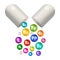 Capsule pill vector vitamin supplement set. 3d bubbles multivitamin complex for health. Healthcare illustration