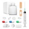 Capsule Pills And Drugs Set Vector. Pharmaceutical Drugs And Vitamin. Syringe, Patch. Antibiotic And Vitamin Pill