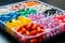 Capsules of various hues neatly organized in a pharmaceutical plastic tray.