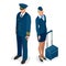 Captain of the aircraft and a beautiful flight attendant in a dark blue uniform, on white background. Vector 3d