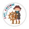 Captain Awesome lettering with boy sailor, pirate holding steering wheel