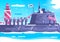 Captain with crew sailors standing on military submarine. Warship in sea with lighthouse on background. Vector illustration for