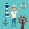 Captain or sailor with spyglass and lighthouse, anchor and wooden steering wheel of ship or boat, lifebuoy or ring buoy