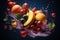 A captivating 3D render of fruits in a graceful downward motion
