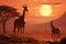 Captivating african savannah. majestic giraffes roaming amidst the golden glow of a stunning sunset