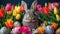 A captivating arrangement of tulips in dazzling, uncommon colors and types, encircled by a variety of charming Easter