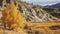 A Captivating Autumn Landscape of Sunlit Yellow Trees Amidst Rocky Terrain. Generative AI