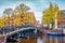 Captivating autumn scene of Amsterdam city. Famous Dutch channels and great cityscape. Gloomy morning landscape in Netherlands, Eu