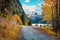 Captivating autumn scene of Vorderer / Gosausee lake with Dachstein glacieron background. Stunning morning view of Austrian Alps,