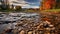 Captivating Autumnal River Landscape With Vibrant Colors And Serene Rocks