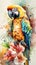 Captivating Baby Macaw in a Colorful Flower Field for Art Prints and Greeting Cards.