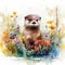 Captivating Baby Otter in a Colorful Flower Field for Art Prints and Greeting Cards.