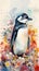 Captivating Baby Penguin in Colorful Flower Field Art Print. Perfect for Greeting Cards.