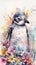 Captivating Baby Penguin in a Colorful Flower Field Art Print. Perfect for Nursery Decor.