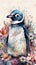 Captivating Baby Penguin in a Colorful Flower Field for Art Prints and Greetings.